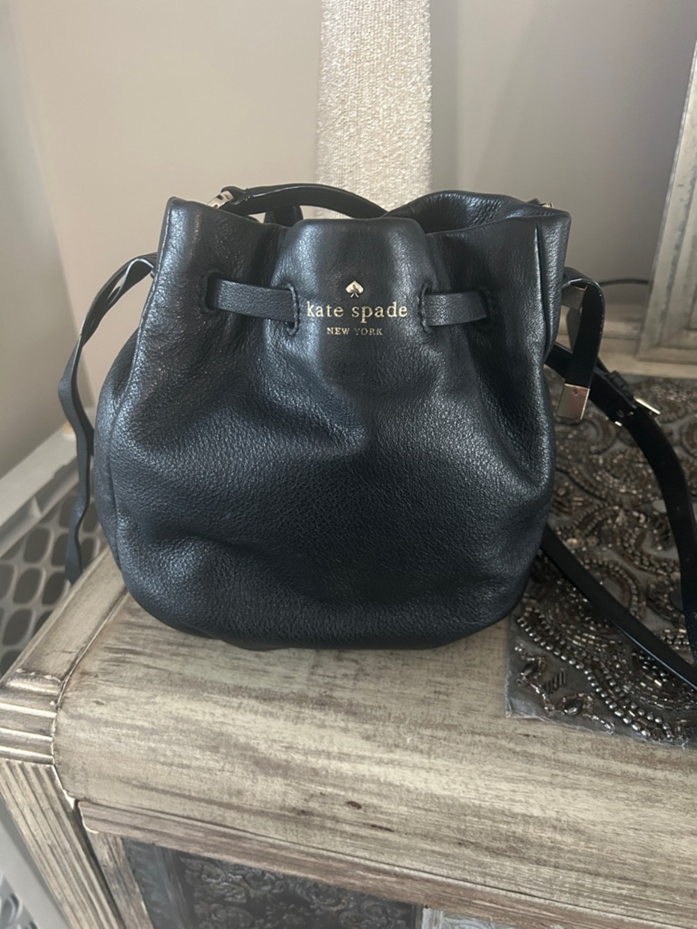 kate spade Black Pebbled Leather Drawstring Crossbody Bag